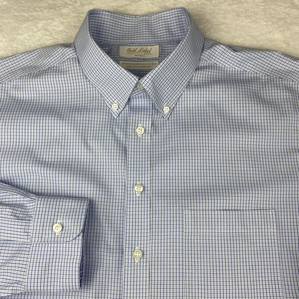 Roundtree & Yorke Gold Label Dress Shirt Mens 17-33 Blue Checks Fitted No Iron - Picture 1 of 9